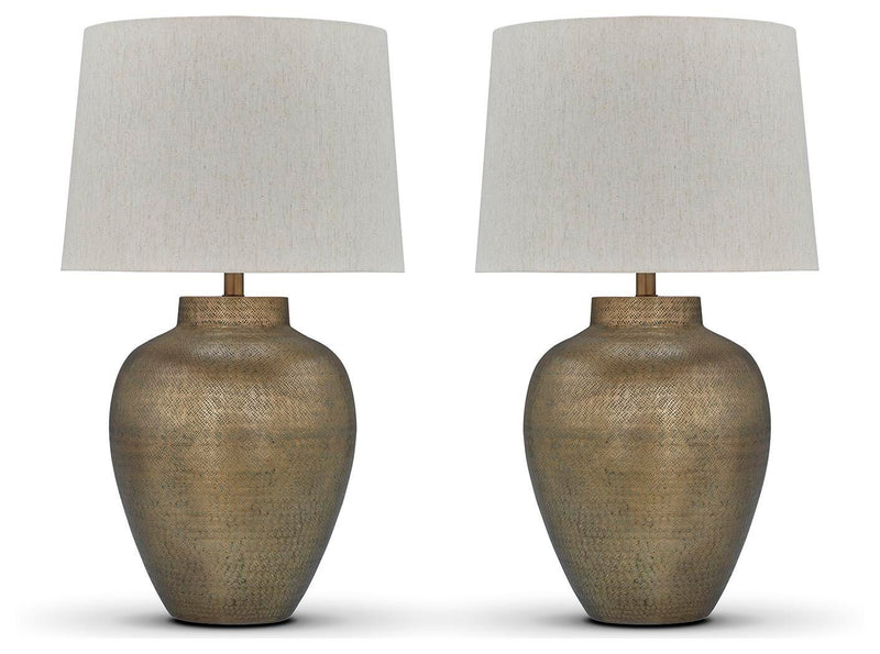 Ashley Furniture Madney Lamp Set with two stylish table lamps featuring neutral fabric shades and wooden bases.