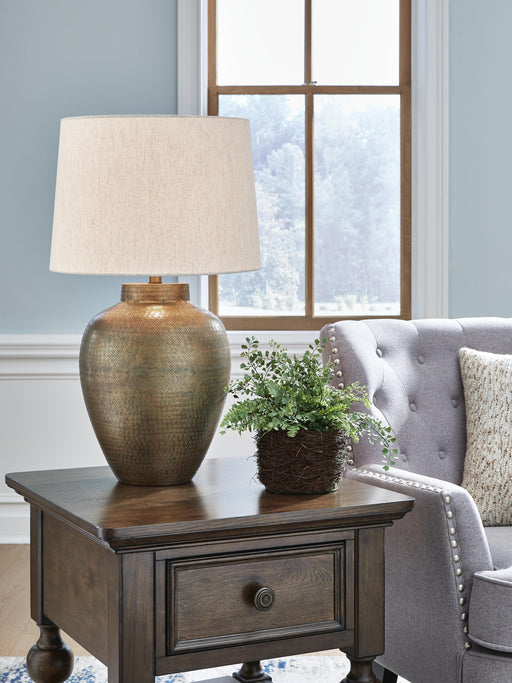 Ashley Furniture Madney Lamp Set featuring two elegant table lamps with beige shades and wooden bases.
