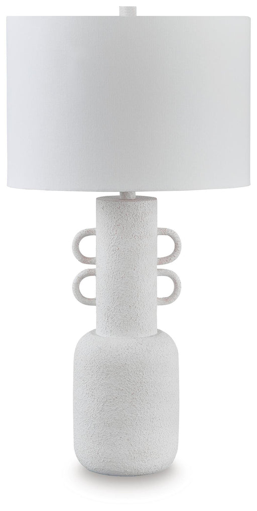 Ashley Furniture Perringhill Table Lamp with beige fabric shade and wooden base, ideal for bedside or living room decor.