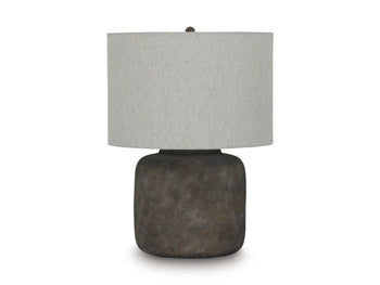 Ashley Furniture Zandophen table lamp with beige fabric shade and dark wood base, perfect for living room or bedside decor.