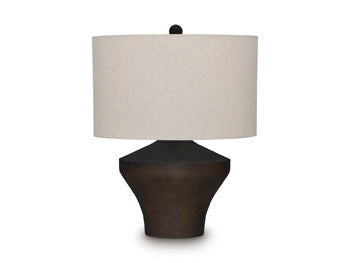 Ashley Furniture Dolanham table lamp with a sleek design, featuring a beige fabric shade and a stylish metal base.
