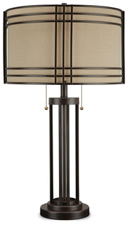 Ashley Furniture Hanswell table lamp set featuring two elegant lamps with fabric shades and a modern design.
