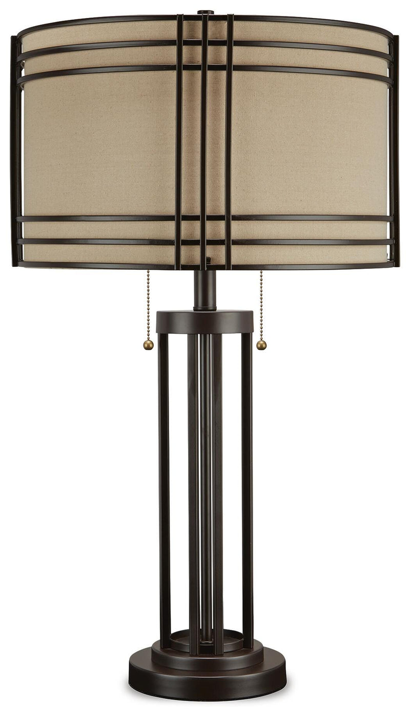 Ashley Furniture Hanswell table lamp set featuring two elegant lamps with fabric shades and a modern design.