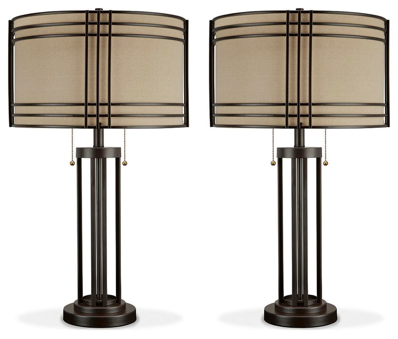 Ashley Furniture Hanswell table lamp set with two modern lamps featuring neutral-colored shades and sleek bases.