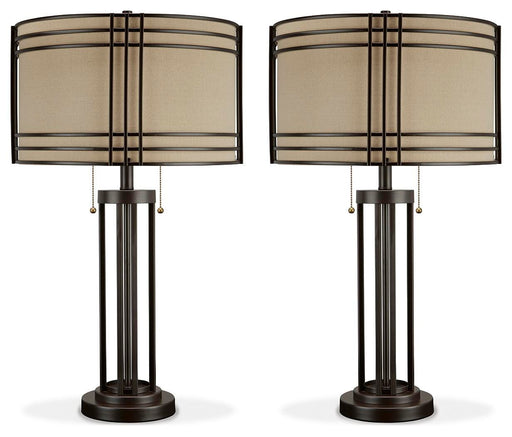 Ashley Furniture Hanswell table lamp set with two modern lamps featuring neutral-colored shades and sleek bases.