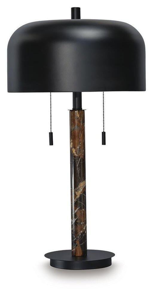 Ashley Furniture Alanbert table lamp with a sleek base and fabric shade, ideal for modern bedside or living room decor.