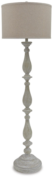Ashley Furniture Bernadate lamp set featuring two stylish floor lamps with fabric shades and wooden bases.
