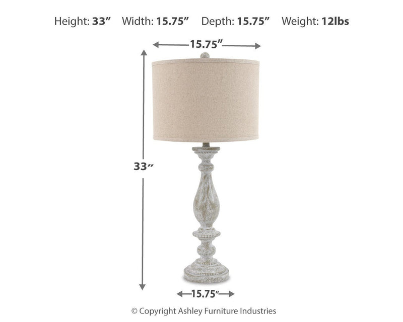 Ashley Furniture Bernadate floor lamp set with two elegant table lamps featuring fabric shades and brushed nickel finish.