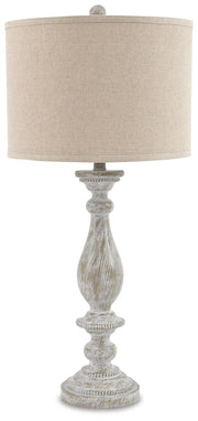 Ashley Furniture Bernadate lamp set featuring two elegant floor lamps with fabric shades and brushed nickel finish.