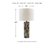 Ashley Furniture Ellford lamp set featuring two elegant table lamps with neutral shades and decorative bases.