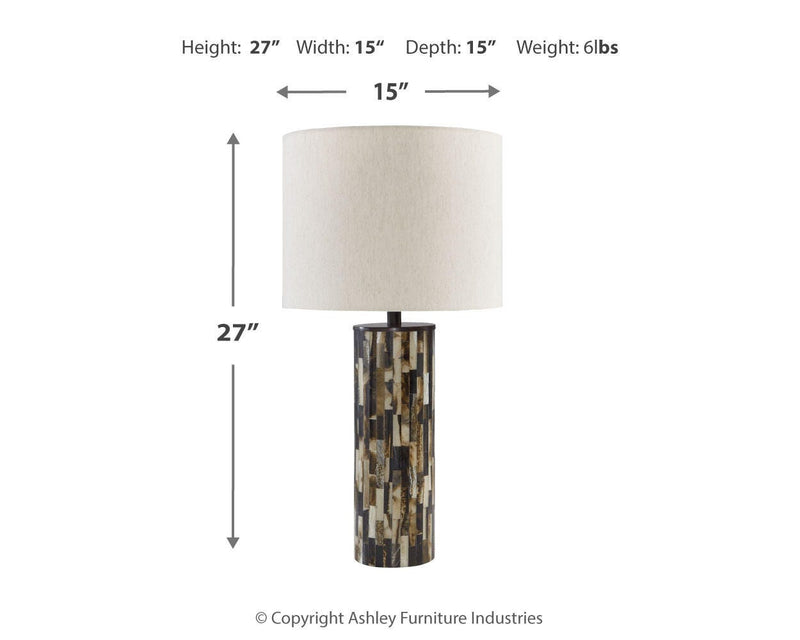 Ashley Furniture Ellford lamp set featuring two elegant table lamps with neutral shades and decorative bases.