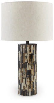 Ashley Furniture Ellford Lamp Set featuring two stylish table lamps with beige shades and modern bases on a wooden surface.