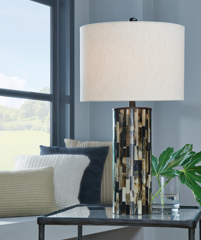 Ashley Furniture Ellford Lamp Set featuring two stylish table lamps with beige shades and modern bases.
