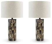 Ashley Furniture Ellford lamp set featuring two elegant table lamps with fabric shades and wooden bases on a modern surface.