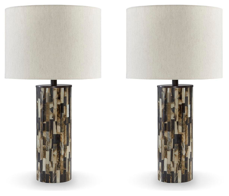 Ashley Furniture Ellford lamp set featuring two elegant table lamps with fabric shades and wooden bases on a modern surface.
