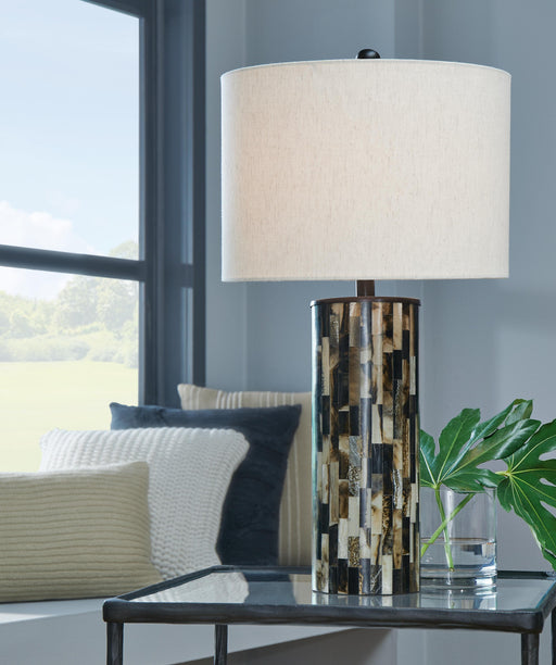 Ashley Furniture Ellford Lamp Set featuring two stylish table lamps with beige shades and modern bases.