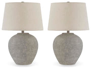 Ashley Furniture Dreward table lamp set featuring two modern lamps with beige shades and wooden bases.
