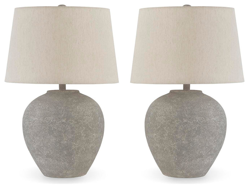 Ashley Furniture Dreward table lamp set featuring two modern lamps with beige shades and wooden bases.
