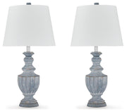 Ashley Furniture Cylerick table lamp set featuring two modern lamps with fabric shades on a wooden table.