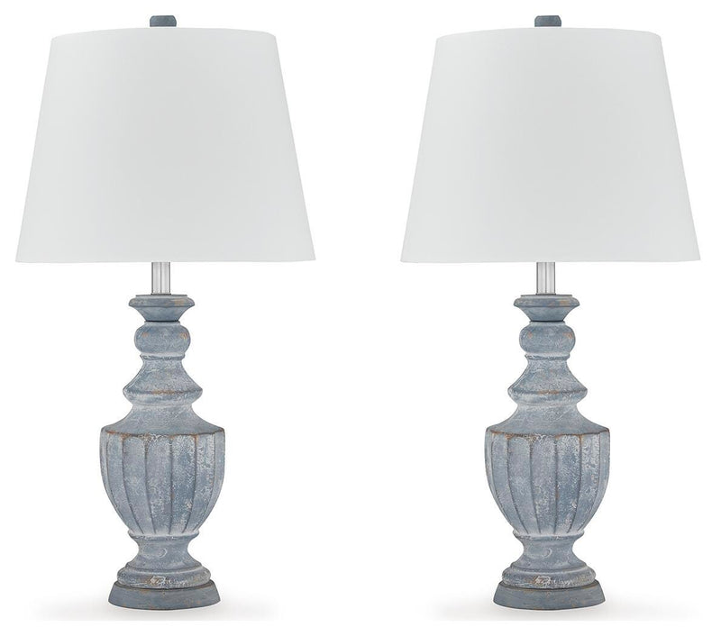 Ashley Furniture Cylerick table lamp set featuring two modern lamps with fabric shades on a wooden table.