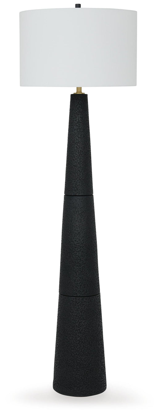 Ashley Furniture Hallburg floor lamp with a sleek metal stand and fabric lampshade, ideal for modern living room lighting.
