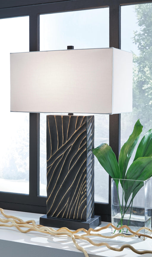 Ashley Furniture Bartlen Lamp Set featuring two stylish table lamps with beige shades and ceramic bases.