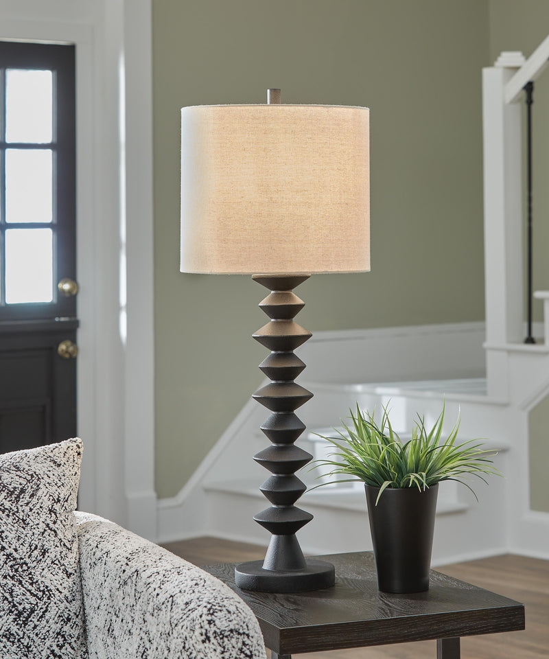 Pair of Ashley Furniture Luanndon table lamps with fabric shades and brushed nickel bases, perfect for bedside or living room decor.