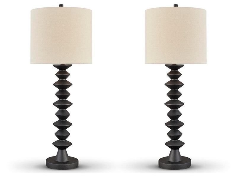 Ashley Furniture Luanndon table lamp set with two elegant lamps featuring neutral shades and wooden bases.