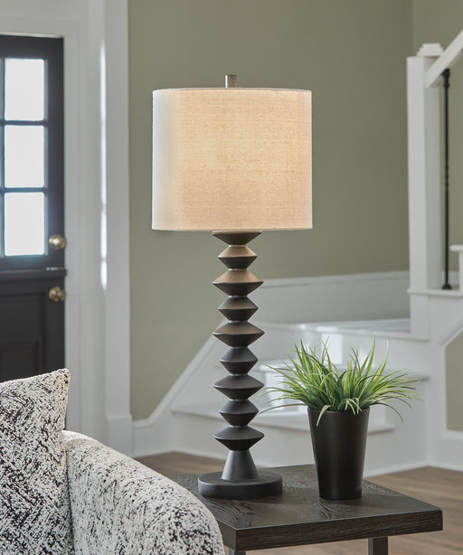 Pair of Ashley Furniture Luanndon table lamps with fabric shades and brushed nickel bases, perfect for bedside or living room decor.