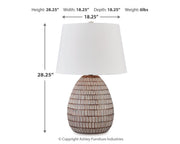 Ashley Furniture Darrich table lamp set with two elegant lamps featuring neutral fabric shades and decorative bases.