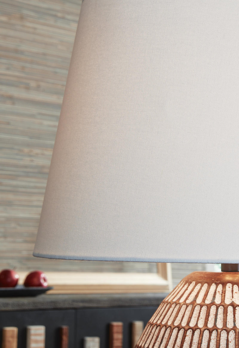 Ashley Furniture Darrich Lamp Set with beige fabric shades and wooden bases, shown with detailed close-up of the lamp shades.