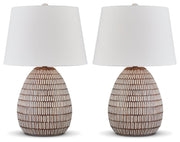 Ashley Furniture Darrich table lamp set with matching ceramic bases and fabric shades, modern design for living room decor.