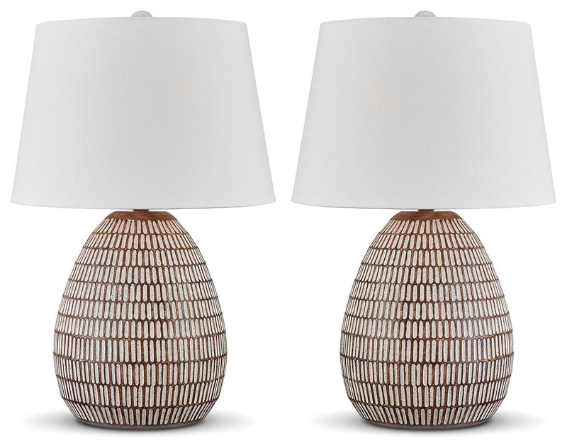 Ashley Furniture Darrich table lamp set with matching ceramic bases and fabric shades, modern design for living room decor.