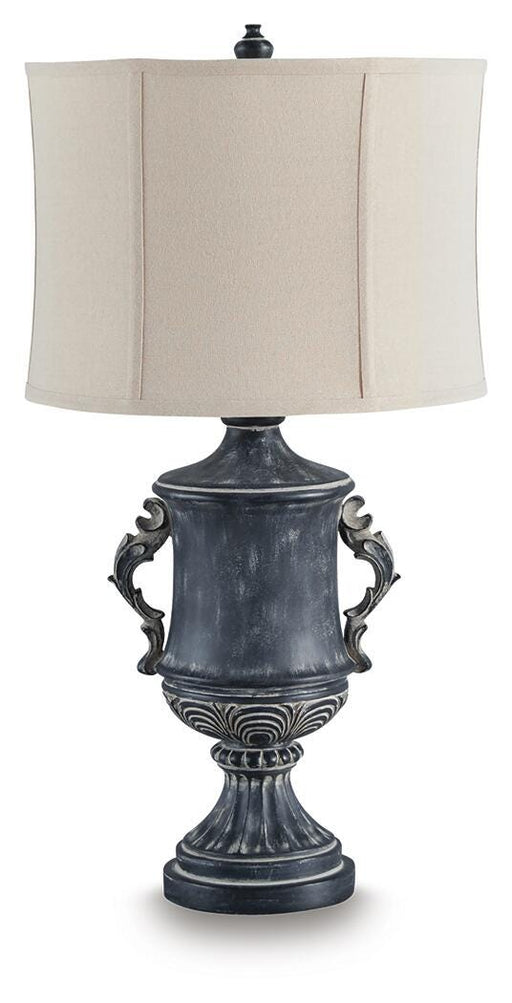 Morvanford Ashley Furniture table lamp with a sleek design, featuring a white shade and wooden base, perfect for living room decor.