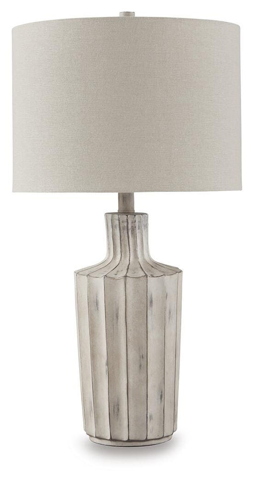Ashley Furniture Imre Table Lamp with beige fabric shade and wooden base, ideal for living room or bedside decor.