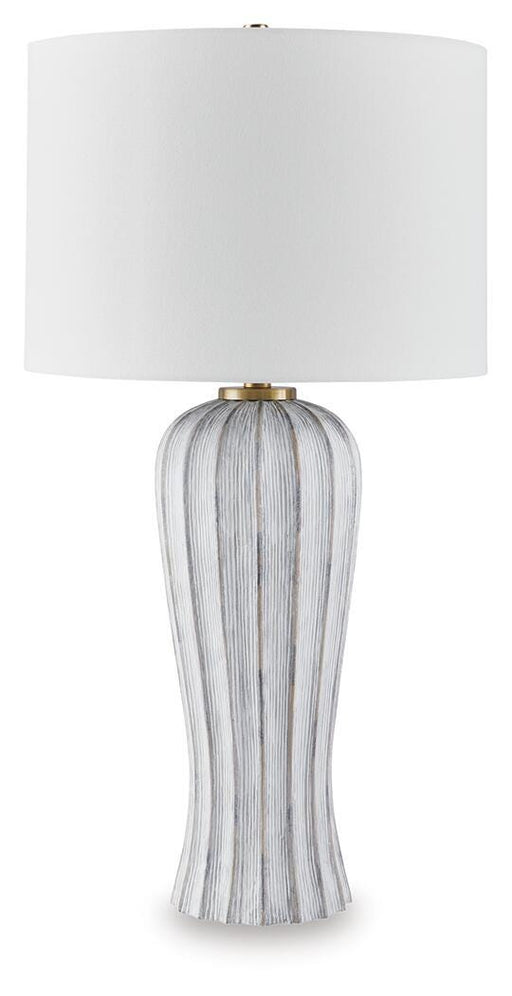Ashley Furniture Lanwell table lamp with a sleek, modern design and a neutral-colored lampshade on a wooden base.