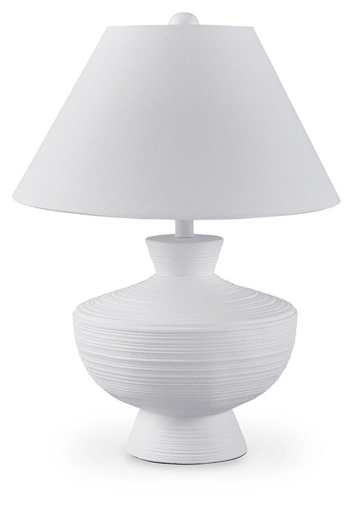 Ashley Furniture Harelwood table lamp with a wooden base and fabric shade, ideal for living room or bedside lighting.