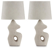 Pair of Ashley Furniture Chadrich table lamps with beige drum shades and dark bronze bases, ideal for bedside or accent lighting.