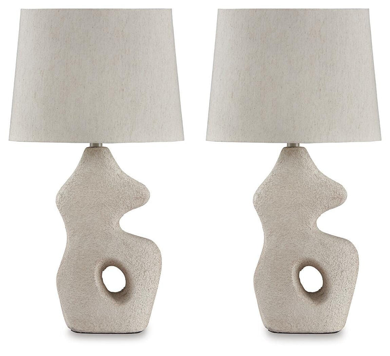 Pair of Ashley Furniture Chadrich table lamps with beige drum shades and dark bronze bases, ideal for bedside or accent lighting.