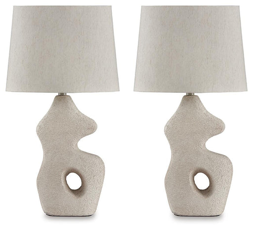 Pair of Ashley Furniture Chadrich table lamps with beige drum shades and dark bronze bases, ideal for bedside or accent lighting.