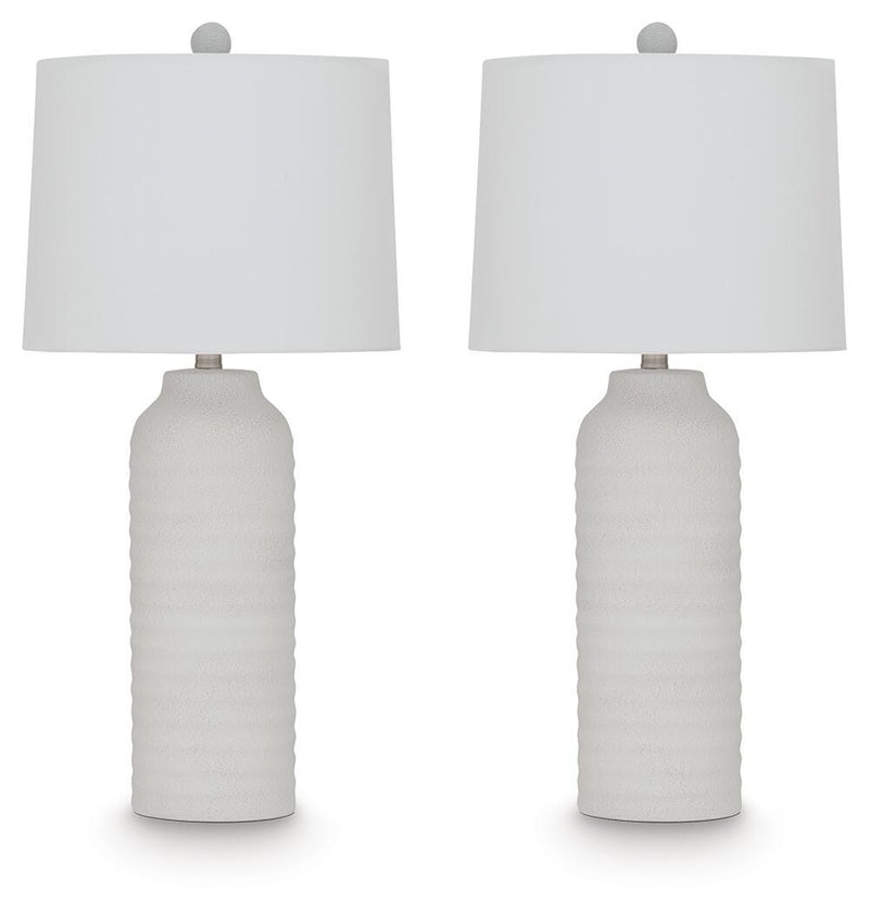 Pair of Ashley Furniture Vauville table lamps with ceramic bases and fabric shades, ideal for bedside or living room decor.