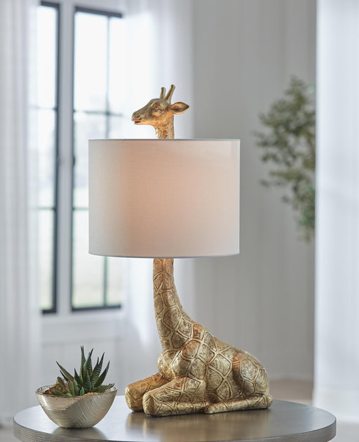 Ashley Furniture Ferrison Lamp Set featuring stylish table lamps with beige shades and dark metal bases for a modern decor look.