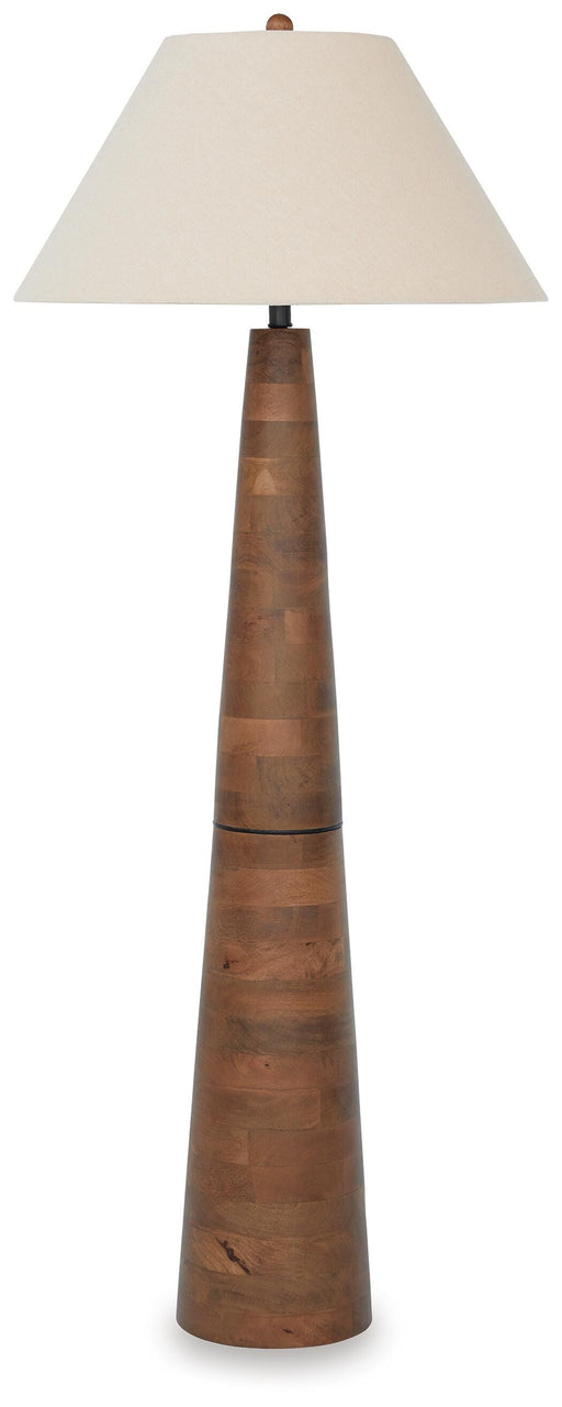 Ashley Furniture Danset floor lamp with a sleek metal stand and a fabric shade, ideal for modern living room lighting.