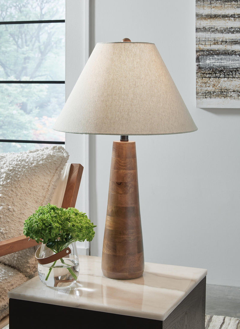 Ashley Furniture Danset Table Lamp with beige fabric shade and wooden base, ideal for living room or bedside decor.