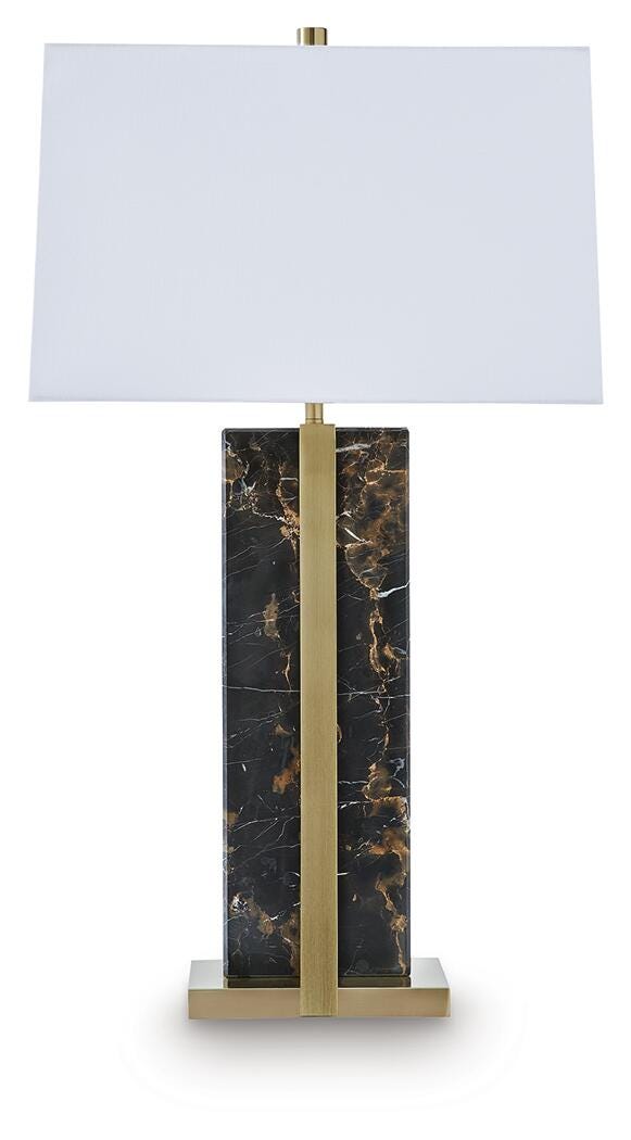 Ashley Furniture Neonish table lamp with a sleek modern design and vibrant neon-colored base on a wooden surface.