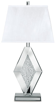 Ashley Furniture Prunella Lamp Set featuring two stylish table lamps with beige shades and decorative bases.