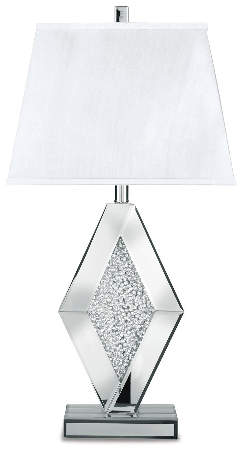 Ashley Furniture Prunella Lamp Set featuring two stylish table lamps with beige shades and decorative bases.