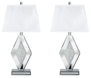 Ashley Furniture Prunella Lamp Set with two elegant table lamps featuring beige fabric shades and dark bronze bases.