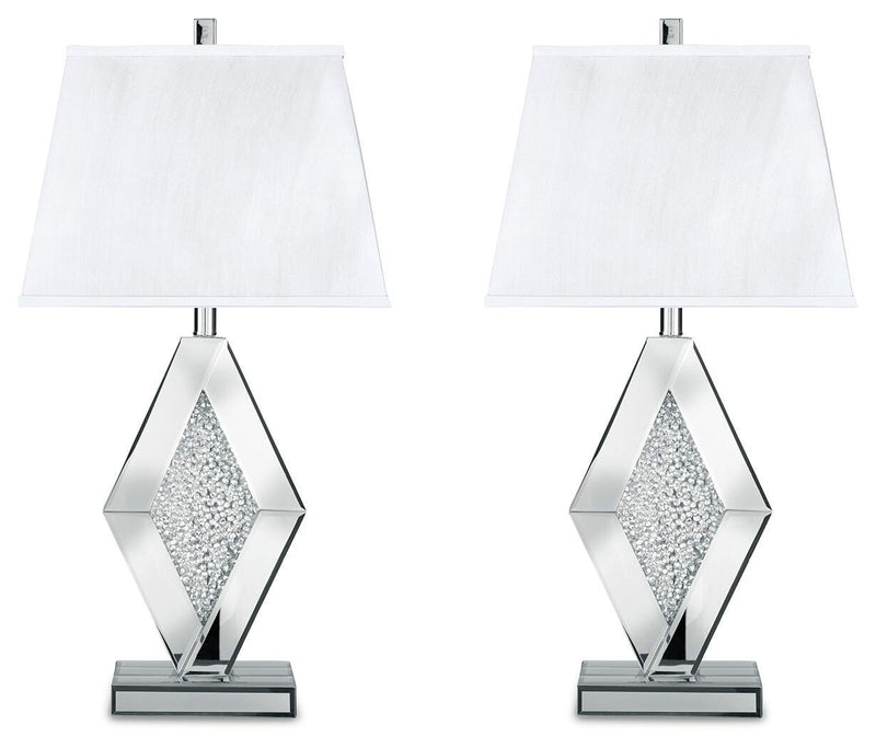 Ashley Furniture Prunella Lamp Set with two elegant table lamps featuring beige fabric shades and dark bronze bases.