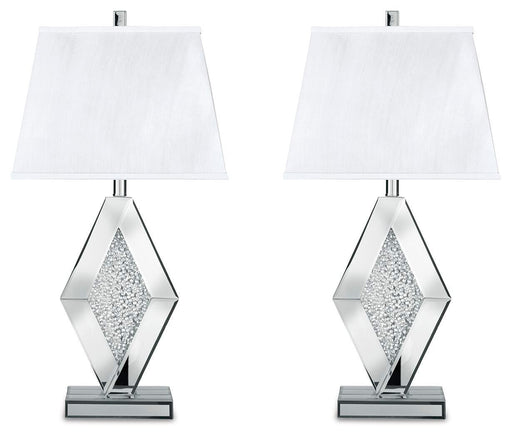 Ashley Furniture Prunella Lamp Set with two elegant table lamps featuring beige fabric shades and dark bronze bases.